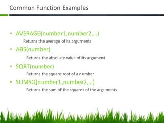 Common Function Examples
• AVERAGE(number1,number2,…)
Returns the average of its arguments
• ABS(number)
Returns the absolute value of its argument
• SQRT(number)
Returns the square root of a number
• SUMSQ(number1,number2,…)
Returns the sum of the squares of the arguments
 