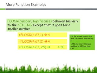 More Function Examples
=FLOOR(4.67,1)  4
=FLOOR(4.67,2) 4
=FLOOR(4.67,.25)  4.50
4 is the nearest integer less
than 4.67 that is divisible by
2
4.50 is the nearest integer
multiple of 0.25 less than
4.67.
FLOOR(number, significance) behaves similarly
to the CEILING except that it goes for a
smaller number
 