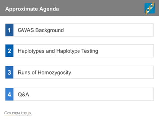 Approximate Agenda
Haplotypes and Haplotype Testing
Q&A
2
3
4
Runs of Homozygosity
GWAS Background1
 
