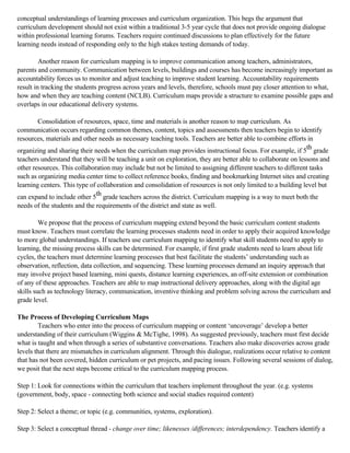 conceptual understandings of learning processes and curriculum organization. This begs the argument that
curriculum development should not exist within a traditional 3-5 year cycle that does not provide ongoing dialogue
within professional learning forums. Teachers require continued discussions to plan effectively for the future
learning needs instead of responding only to the high stakes testing demands of today.
Another reason for curriculum mapping is to improve communication among teachers, administrators,
parents and community. Communication between levels, buildings and courses has become increasingly important as
accountability forces us to monitor and adjust teaching to improve student learning. Accountability requirements
result in tracking the students progress across years and levels, therefore, schools must pay closer attention to what,
how and when they are teaching content (NCLB). Curriculum maps provide a structure to examine possible gaps and
overlaps in our educational delivery systems.
Consolidation of resources, space, time and materials is another reason to map curriculum. As
communication occurs regarding common themes, content, topics and assessments then teachers begin to identify
resources, materials and other needs as necessary teaching tools. Teachers are better able to combine efforts in
organizing and sharing their needs when the curriculum map provides instructional focus. For example, if 5th grade
teachers understand that they will be teaching a unit on exploration, they are better able to collaborate on lessons and
other resources. This collaboration may include but not be limited to assigning different teachers to different tasks
such as organizing media center time to collect reference books, finding and bookmarking Internet sites and creating
learning centers. This type of collaboration and consolidation of resources is not only limited to a building level but
can expand to include other 5th grade teachers across the district. Curriculum mapping is a way to meet both the
needs of the students and the requirements of the district and state as well.
We propose that the process of curriculum mapping extend beyond the basic curriculum content students
must know. Teachers must correlate the learning processes students need in order to apply their acquired knowledge
to more global understandings. If teachers use curriculum mapping to identify what skill students need to apply to
learning, the missing process skills can be determined. For example, if first grade students need to learn about life
cycles, the teachers must determine learning processes that best facilitate the students’ understanding such as
observation, reflection, data collection, and sequencing. These learning processes demand an inquiry approach that
may involve project based learning, mini quests, distance learning experiences, an off-site extension or combination
of any of these approaches. Teachers are able to map instructional delivery approaches, along with the digital age
skills such as technology literacy, communication, inventive thinking and problem solving across the curriculum and
grade level.
The Process of Developing Curriculum Maps
Teachers who enter into the process of curriculum mapping or content ‘uncoverage’ develop a better
understanding of their curriculum (Wiggins & McTighe, 1998). As suggested previously, teachers must first decide
what is taught and when through a series of substantive conversations. Teachers also make discoveries across grade
levels that there are mismatches in curriculum alignment. Through this dialogue, realizations occur relative to content
that has not been covered, hidden curriculum or pet projects, and pacing issues. Following several sessions of dialog,
we posit that the next steps become critical to the curriculum mapping process.
Step 1: Look for connections within the curriculum that teachers implement throughout the year. (e.g. systems
(government, body, space - connecting both science and social studies required content)
Step 2: Select a theme; or topic (e.g. communities, systems, exploration).
Step 3: Select a conceptual thread - change over time; likenesses /differences; interdependency. Teachers identify a

 