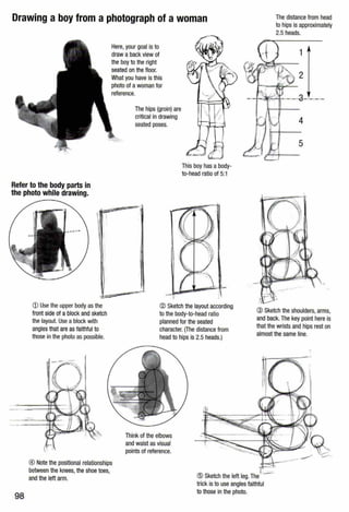 Drawing a boy from a photograph of a woman
Refer to the body parts in
the photo while drawing.
Here, your goal is to
draw a back view of
the boy to the right
seated on the floor.
What you have is this
photo of awoman for
reference.
The hips (groin) are
critical in drawing
seated poses.
- ·
This boy has abody-
to-head ratio of 5:1
. !:=-"""'
CD Use the upper body as the ® Sketch the layout according
to the body-to-head ratio
planned for the seated
character. (The distance from
head to hips is 2.5 heads.)
front side of ablock and sketch
the layout. Usea block with
angles that are as faithful to
those in the photo as possible.
Think of the elbows
and waist as visual
points of reference.
The distance from head
to hips is approximately
2.5 heads.
@ Sketch the shoulders, arms,
and back. The key point here is
that the wrists and hips rest on
almost the same line.
® Note the positional relationships
between the knees, the shoe toes,
and the left arm. @ Sketch the left leg.Thef_
trick is to use angles faithful
98
to those in the photo.
 