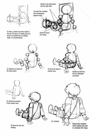 @ Here, a sketch has been made of
the leg. The leg is 2.5 heads long, but
since it is viewed from an oblique
angle, it is foreshortened.
(J) Cleaned-up version of
the basic layout
® Cleaned-up version
of the contour lines
® Draw the hair and
clothing.
Sketch in the right elbow
and the right wrist.
The shoe toe is distant
and consequently
appears small.
and ankles.
® Draw the figure's
contour lines.
® Finished!
• '7..:;- - --
Include as well lines
that are otherwise
concealed.
Adding black shadows
where needed will result
in a pleasing final image.
 