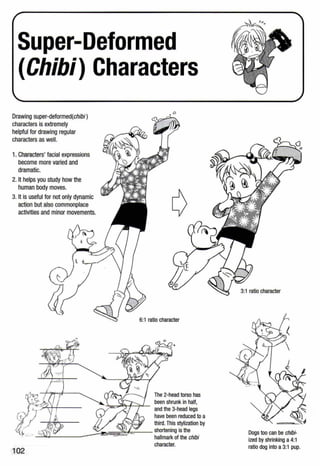 Super-Deformed
(Chibi) Characters
Drawing super-deformed(chibi)
characters is extremely
helpful for drawing regular
characters as well.
1. Characters' facial expressions
become more varied and
dramatic.
2.It helps you study how the
human body moves.
3.It is useful for not only dynamic
action but also commonplace
activities and minor movements.
102
D
6:1 ratio character
The 2-head torso has
been shrunk in half,
and the 3-head legs
have been reduced to a
third. This stylization by
~55iiii~~=--- shortening is the
hallmark of the chibi
character.
3:1 ratio character
Dogs too can be chibi-
ized by shrinking a 4:1
ratio dog into a3:1 pup.
 