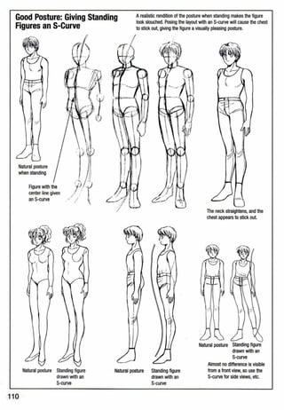 Good Posture: Giving Standing
Figures an S-Curve
Arealistic rendition of the posture when standing makes the figure
look slouched. Posing the layout with an S-curve will cause the chest
to stick out, giving the figure avisually pleasing posture.
Natural posture
when standing
110
Figure with the
center line given
an S-curve
Natural posture Standing figure
drawn with an
S-curve
Natural posture Standing figure
drawn with an
S-curve
The neck straightens, and the
chest appears to stick out.
Natural posture Standing figure
drawn with an
S-curve
Almost no difference is visible
from afront view,so use the
S-curve for side views, etc.
 