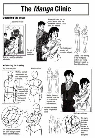The Manga Clinic
Doctoring the cover
Space for the title
The arm is
bending
unnaturally.
Cover of awork for publication
submission
• Correcting the drawing
Key correction points
forearm is short,
l
it appears feeble
in contrast with
the shoulders.
I
The hips and
legs are too
thick.
Theright and left shoulders
and again the right and left
elbows are different sizes.
After correction
Although it is just that the
man's head is small, the
impression is that of aface
seen at a distance.
Creating aline drawing
of only the figure's
contours and tracing
the joints reveals to us
the problematic areas.
Final corrected image
The man's
arm should
be drawn
first, then
followed by
the woman's
arm which
loops
through his.
 