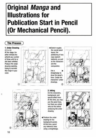 <
Original Manga and
Illustrations for
Publication Start in Pencil
(Or Mechanical Pencil}.
( The Process )
1. Under Drawing
(<D to @)
At this stage, the
artist redraws the
artwork any number
of times until he or
she feels satisfied.
Produce the under
drawing carefully,
trying to recreate
the image In your
mind.
r·-·----·-
'
'I
CD :
! <IIIII Sketch roughly r ····-·-----·-·-·····--·-·-
-.....,......,.-+- ! the overall panel --'----,.7--.- -+--' ,. I J
1 layout,the 1 ,· ( .... ) .
positioning of any I
- - - --- I
copy (speech I
balloons), as well I
as the characters J
and the l
composition. I ~==~~~~~~~==+="
IUse a ~ 1
straightedge to i II i
draw the panel's
1
!
1
.
1
••!1
lines. Create the 1
characters' under I
drawings. i-+'-~<.:---.-"-lJ'--fl"-'->'c.=....~"'->R~,- I'.
® I_ -~-L..
2.1nking
:-· '"-·-·--·----····-··- -------··-···--·-·----·--·-···-!
'
~-j:Jli
~'ljJE71.~~ ~-i
Ink the characters,
background, and
special effect lines. 1
At this time,you may I
pen the panel lines,
but there are artists
who do this before
®
10
i
I
I
I
I
I
I
producing the under
drawing.
l<IIIII Produce the under
1
drawing for the
I background panels.
At this time, pencil
I any reference lines
using a straightedge.
i
'-·- -----
 