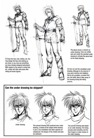 ~ Draw the face, hair,clothes,etc. You
may design the face and clothing as
yoo draw, or you may use something
yoo have already designed beforehand.
ith respect to the sword's central line,
e~.•artists will often add props after
king all human figures.
Can the under drawing be skipped?
Under drawing
This penned drawing was produced sans under
drawing. (I looked at the subject while drawing
in pen.) Line modulation and other aspects are
unbalanced.The shapes of the cheeks and eyes
are awkward.
The above shows a cleaned up
under drawing. There arc artists
who will render the penciled under
dmwlng to virtually the same lt~vel
as the Inked drawing.
(§) Here we see the completed under
drawing.Although to the observer it
may seem sketchy and Indistinct,
this Is not a problem, provided that
you, the artist, have a clear grasp of
the drawing during the Inking
process.
This penned drawing was based
on an under drawing.The inking
process went smoothly, and the
final image is a clean version of
the under drawing.
 