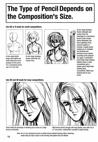 The Type of Pencil Depends on
the Composition•s Size.
Use H8 or 8 leads for small compositions.
At U1e rough sketch
stage, draw lightly and
avoid putting too much
pressure on the pencil.
For a mechanical pencil,
use a 0.5 mm lead.
As the image develops,
thicken silhouette and
contour lines.
Use 28 and 38 leads for large compositions.
Pencil holds the advantage of allowing you to draw on a large
format comfortably.
As the image develops,
thicken silhouette and
contour lines.The
advantage of a mechanical
pencil is that it draws
evenly distributed, fine
lines regardless of the
pressure applied. In
contrast, a regular pencil
enables you to modulate
the thickness and
darkness of your strokes
according to the pressure
you apply.Amechanical
pencil helps when drawing
detailed areas or small
compositions and a
regular pencil helps when
drawing large
compositions. Match your
drawing tools to your
needs.
Mechanical pencils struggle with long strokes, even with 0.5 or
0.7 mm points, making them unsuited to large formats.
18
Note:An 0.3 mm mechanical pencil is suited toward detailed drawing.When sketching,
avoid using too light atouch or the drawing will appear limp and lifeless.
 