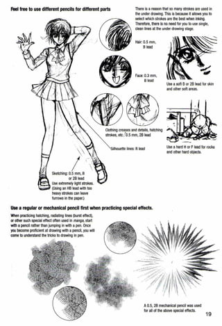 feel free to use different pencils for different parts There is areason that so many strokes are used in
the under drawing.This is because it allows you to
select which strokes are the best when inking.
Therefore, there Is no need tor you to use single,
clean lines at the under drawing stage.
Sketching:0.5 mm, 8
or 28 lead
Use extremely light strokes.
(Using an HB lead with too
heavy strokes can leave
furrows in the paper.)
Hair:0.5 mm,
8 lead
Face: 0.3 mm,
8 lead
Clothing creayes and details,hatching
strokes, etc.: 0.5 mm, 28 lead
Use a soft Bor 2B lead for skin
and other soft areas.
Use a hard Hor Flead for rocks
and other hard objects.
Use a regular or mechanical pencil first when practicing special effects.
When practicing hatching, radiating lines (burst effect),
Of other such special effect often used in manga, start
with apencil rather than jumping in with a pen. Once
you become proficient at drawing with a pencil, you will
come to understand the tricks to drawing in pen.
I
A0.5,28 mechanical pencil was used
tor all of the above special effects.
19
 