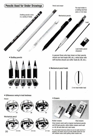 (Pencils Used for Under Drawings)
Drafting pencils come
in a variety of leads
.·/
• Drafting pencils
HB 2B 4B 68
• Differences owing to lead hardness
Pencil
Mechanical pencil
BB
Pencil and eraser
Mechanical pencils
The lead holder is
adrafting tool that
uses a2 mm lead.
Lead holder pencil
sharpener
In general those who bear down on their pencils
should use hard leads (HB, etc.), while those with
soft touches should use softer leads (B, 2B, etc.).
• Mechanical pencil leads
2 mm lead holder lead
• Erasers
Rubber erasers Vinyl erasers
Vinyl erasers work well on typical mechanical pencils
and H8 lead pencils, while rubber erasers work well
on 48, 68 andother soft, dark leads.
If a vinyl eraser becomes soiled, be sureto wash and dry it
properly. The eraser may be cut into smaller pieces for use
with detailed areas.Avoid getting rubber erasers wet.
 