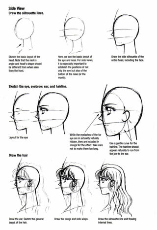Side View
Draw the silhouette lines.
Sketch the basic layout of the
head. Note thatthe neck's
angle and head's shape should
be different from when seen
from the front.
(
!I
t
Here,we see the basic layout of
the eye and nose. For side views,
it is especially Important to
establish the positions of not
only the eye but also of the
bottom of the nose (or the
mouth).
Draw the side silhouette of the
entire head, including the face.
Sketch the eye, eyebrow, ear, and hairline.
II
Layout for the eye
Draw the hair
Draw the ear. Sketch the general
layout of the hair.
While the eyelashes of the far
eye are in actuality virtually
hidden, they are included in
manga tor the effect.Take care
not to make them too long.
Use agentle curve for the
hairline.The hairline should
appear naturally to run from
the jaw to the ear.
Draw the bangs and side wisps. Draw the silhouette line and flowing
internal lines.
 