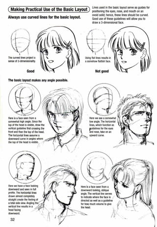 (Making Practical Use of the Basic Layout)
Always use curved lines for the basic layout.
Lines used in the basic layout serve as guides for
positioning the eyes, nose, and mouth on an
ovoid solid; hence,these lines should be curved.
Good use of these guidelines will allow you to
draw a 3-dimensional face.
;--· -··- -~·.-..
(
. !I 
·r 'J;
:~_/{. , ---- 1
The curved lines project a
sense of 3-dimensionallty.
Good
The basic layout makes any angle possible.
. 
I i
---~-?'f', ,,. :·.' /
.... ; • f
·"...,..... _.
- ~....,...
Here is a face seen from a
somewhat high angle. Since the
top of the head is visible,draw the
vertical guideline first crossing the
front and then the top of the head.
The horizontal lines assume a
downward curve in angles where --.0~-
. . A
the top of the head IS VISible)., --r 
Here we have aface looking
downward and seen in full
profile.The horlzontal lines ·
drawn almost completely rr/ •
straight create the feeling of . ' 11{~  .
atotal side view. Angling the(:i
verticall~ne results in a /.~~ -<
head facmg . · •  "··
downward. .·• _
32
/
n~~··J
ff,;' I
Using flat lines results in
asomehow flattish face.
Not good
Here we see asomewhat
low angle.The horizontal
lines, which function as
puidelines for the eyes
and nose, take on an
upward curve.
Here ls aface seen from a.
downward looking,oblique
angle.The vertical line serves
to indicate where the face is /
directed as well as a·guideline
for ho~ much volume to give
the head.
·-~~
.
AI.
/.if/
f'
.... _
 