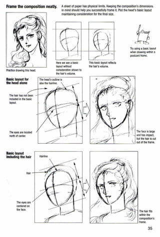 frame the composition neatly. A sheet of paper has physical limits. Keeping the composition's dimensions
Basic layout for
head alone
The hair has not been
included in the basic
layout.
The eyes are located
north of center.
Basic layout
• uding the hair
The eyes are
centered on
the face.
in mind should help you successfully frame it. Plot the head's basic layout
maintaining consideration for the final size.
Here we see a basic
layout without
consideration shown to
the hair's volume.
The head's outline is
also the hairline.
---
Hairline
---
............
_;
---
This basic layout reflects
the hair's volume.
Try using a basic layout
when drawing within a
postcard frame.
The face is large
and has impact,
but the hair Is cut
LL...c......t!=--~[....._-.LL.._ _ _ ___..:~ out of the frame.
The hair fits
within the
composition's
l!......l~c.l....l....--------__...J frame.
35
 