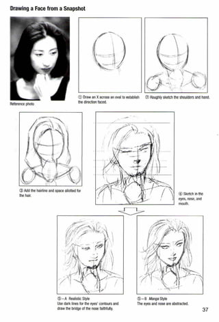 wing a Face from a Snapshot
CD Draw an Xacross an oval to establish
the direction faced.
CV Roughly sketch the shoulders and hand.
® Add the hairlineand space allotted for
the hair. ® Sketch in the
eyes, nose, and
mouth.
~------------~~~------------~
@-A Realistic Style
Use dark lines for the eyes' contours and
draw the bridge of the nose faithfully.
@-B Manga Style
The eyes and nose are abstracted.
37
 
