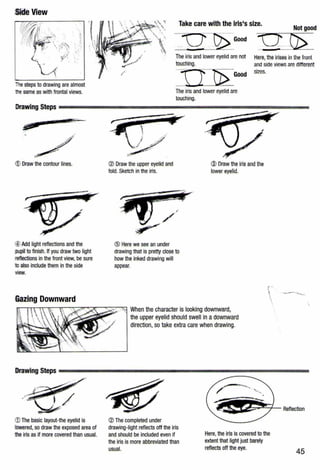 Side View
'l! steps to drawing are almost
- same as with frontal views.
1 Draw the contour lines.
"4 Add light reflections and the
oopil to finish. If you draw two light
·eflections in the front view, be sure
also include them inthe side
view.
Gazing Downward
@ The basic layout-the eyelid is
lowered, so draw the exposed area of
the iris as if more covered than usual.
Take care with the lris•s size.
Not good
:.::..:cz::::.:~:UGood
The iris and lower eyelid are not
touching.
····n··············~·-·············Good
........ ......................
The iris and lower eyelid are
touching.
-~·····r:i>·····-···-·····
___)__ ..
····- ··········· ·············
Here, the irises in the lront
and side views are different
sizes.
@ Draw the upper eyelid and
fold. Sketch in the iris.
® Draw the iris and the
lower eyelid.
@ Here we see an under
drawing that is pretty close to
how the inked drawing will
appear.
When the character is looking downward,
the upper eyelid should swell in a downward
direction, so take extra care when drawing.
r •
•
@The completed under
drawing-light reflects off the iris
and should be included even if
the iris is more abbreviated than
usual.
Here, the iris is covered to the
extent that light just barely
reflects off the eye.
--
45
 
