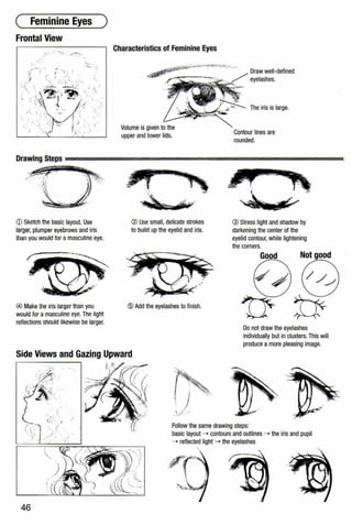 ( Feminine Eyes )
Frontal View
_ ,~.....
~·'..
_.'{ _/ _( : )_-.'
... , . -~ '·.·t.'}·,>
'•-..~:::~~~y~~- -~·' '
( (  I ..':.:'".. ~ ' (,
, . ·. I
. ,. ' .- t, I .
·._ : . . .
i ·.·~ · '7,· •
Characteristics of Feminine Eyes
Volume is given to the
upper and lower lids.
Draw well-defined
eyelashes.
The iris is large.
Contour lines are
rounded.
Drawing Steps ----------------------------
CD Sketch the basic layout. Use
larger, plumper eyebrows and iris
than you would for a masculineeye.
(4) Make the iris larger than you
would for a masculine eye.The light
reflections should likewise be larger.
@ Use small, delicate strokes
to build up the eyelid and iris.
@ Add the eyelashes to finish.
@ Stress light and shadow by
darkening the center of the
eyelid contour, while lightening
the corners.
Do not draw the eyelashes
individually but in clusters.This will
produce amore pleasing image.
Side Views and Gazing Upward
. ·X
'f.••Y!:--. '
.'f / J.,.·.
rJ.
-:~;.:
',l ...
. . '
.. :
...
..'~:- C. ·.r !
( I . · .. <.
'•..': ...)· ·., .
46
) ,/ ""
Follow the same drawing steps:
basic layout -+ contours and outlines -+ the iris and pupil
-+ reflected light -+ the eyelashes
 