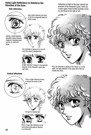 Using Light Reflections to Reinforce the
Direction of the Gaze
Side reflections
Adding a small reflection
opposite a large reflection
suggests 2opposing light
sources (a small and
large).
Add a light reflection just right
or left of or diagonally above or
below center.
The character is gazing off to the left
(from the viewer's perspective).
~~~
~-*1 ..Alight reflection is drawn in the opposite
direction of the character's gaze (the
right side).
Central reflections
48
This is alight reflection drawn
in almost the center of the
iris.
The gaze is directed left.
Draw a large light reflection on the
same side as the gaze is directed
(i.e. to the left).
Reflections of light on the eyes indicate the
direction of the character's gaze. There are
2 basic types:those located centrally on the
iris and those to the right or left.
~- . ·.<· ·..i- ..
Here,the character is gazing at the viewer (i.e. to the
right). The light reflection in the upper left of the iris
creates this effect.
 
