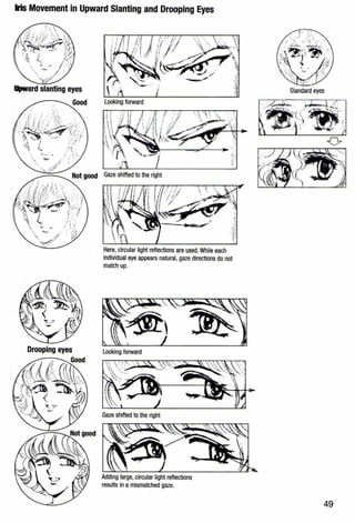 Iris Movement in Upward Slanting and Drooping Eyes
Gaze shifted to the right
Here, circular light reflections are used. While each
individual eye appears natural, gaze directions do not
match up.
Adding large,circular light reflections
results in a mismatched gaze.
Standard eyes
49
 