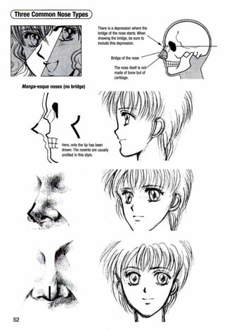 (Three Common Nose Types)
52
Manga-esque noses (no bridge)
There is a depression where the
bridge of the nose starts.When
drawing the bridge, be sure to ""-
include this depression. ~
Bridge of the nose
The nose itself is
madeof bone but of
cartilage.
Here, only the tip has been
drawn. The nostrils are usually
omitted in this style.
 