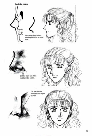 .,
Realistic noses
Use contour lines that are
relatively faithful to an actual
nose.
Omit the fleshy part of the
nostril and this wrinkle.
This line indicates
where the nose begins
to swell.
-----
53
 