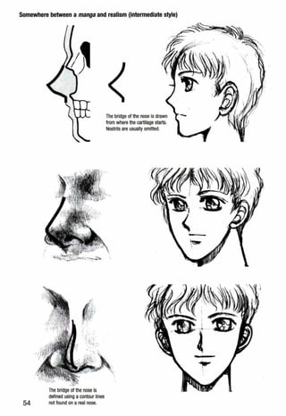 Somewhere between a manga and realism (intermediate style)
The bridge of the nose is
defined using a contour lines
54 not found on a real nose.
The bridge of the nose is drawn
from where the cartilage starts.
Nostrils are usually omitted.
.l
 