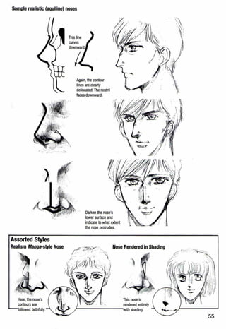 Sample realistic (aquiline) noses
.. ....... .~· .. .· -.::.~
·)
Assorted Styles
Realism Manga-style Nose
Again, the contour
lines are clearly
delineated.The nostril
faces downward.
Darken the nose's
lower surface and
indicate to what extent
the nose protrudes.
Nose Rendered in Shading
This nose is
rendered entirely
f---------with shading.
55
 