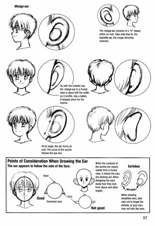 Mangaear
As with the realistic ear,
the manga ear in afrontal
view is about half the width
---- as in profile.Use atallish,
6-shaped whorl for the
interior.
At an angle, the ear forms an
oval. The curve of the auricle
follows the jaw line.
Points of Consideration When Drawing the Ear
The ear appears to follow the side of the face.
Nose
The manga ear consists of a "6" drawn
within an oval. Take note that for the
opposite ear, the image becomes
reversed.
When the contents of
the auricle are clearly
visible from afrontal
view, it means the ears
are sticking out. When
designing the ears,
study how they look
from above and other
angles.
Earlobes
Overhead view
Ea~_(_
~tgood
When drawing
simplified ears, take
care not to forget the
earlobe, or your ears
may not look like ears.
57
 