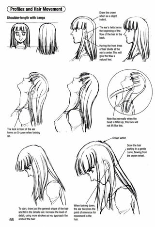 ( Profiles and Hair Movement )
Shoulder-length with bangs
The lock in front of the ear
forms anS-curve when looking
up.
To start, drawjust the general shape of the hair
and fill in the details last. Increasethe level of
detail, using more strokes as you approach the
66 ends of the hair.
When looking down,
the ear becomes the
point of reference for
movement in the
hair.
Draw the crown
whorl as aslight
indent.
The ear's helix forms ·-~~
the beginning of the
flow of the hair in the
back.
Having the front tress
of hair divide at the
ear's center. This will
give the flow a
natural feel.
Note that normally when the
head is tilted up, this lock will
not lift like this.
Crown whorl
Draw the hair
parting inagentle
curve,flowing from
the crown whorl.
 