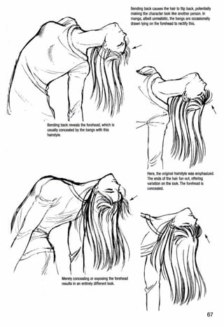 -
'
Bending back reveals the forehead, which is
usually concealed by the bangs with this
hairstyle.
Merely concealing or exposing the forehead
results in an entirely different look.
Bending back causes the hair to flip back, potentially
making the character look like another person. In
manga,albeit unrealistic,the bangs are occasionally
drawn lying on the forehead to rectify this.
Here, the original hairstyle was emphasized.
The ends of the hair fan out, offering
variation on the look.TI1e forehead is
concealed.
67
 