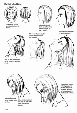 Short hair without bangs
Draw the hair roundish
overall and tucking under
the chin.
In the profile, the hair
should have little volume
and hug closely to the
head's contours.
With the hair flipped back, the
hair should appear to flow
from this point.
t"
/. .
(


II ./ --
Tiling the head back exposes
the ear.This strand is defying
gravity.
~/
Looking down causes
the hair to divide at the
ear's helix.
68
 v
Unlike with the head tilted
back, here the ends of the
hair all face the same
direction.
. 
Tilting the head back makes
the hairline prominent.
I
The ear peeks through,
indicating supple hair.
-..+tt<r--You may keep the ear
concealed, depending
on your preferences or
intentions with portrayal.
 