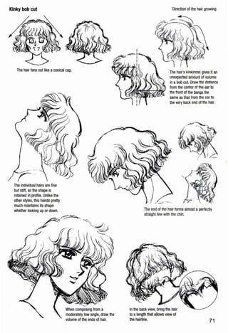Kinky bob cut
The hair fans out like a conical cap.
The individual hairs are fine
but stiff, so the shape is
retained in profile. Unlike the
other styles, this hairdo pretty
much maintains its shape
whether looking up or down.
When composing from a
moderately low angle, draw the
volume of the ends of hair.
Direction of the hair growing
The hair's kinkiness gives It an
unexpected amount of volume
in a bob cut. Draw the distance
from the center of the ear to
the front of the bangs the
same as that from the ear to
the very back end of the hair.
The end of the hair forms almost aperfectly
straight line with the chin.
In the back view, bring the hair
to alength that allows view of
the hairline. 71
 