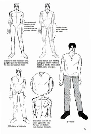 @ Define the chest muscles and joints,
giving the figure clear 3-dimensionality.
The above is abasic nude sketch.
I
~~
' j
I
(/)A cleaned up line drawing
@ Dress the nude figure in clothing.
Clothing does not come plastered to
the body, so draw the clothing outside
the body, leaving some space.
Creases form where hills and
valleys appear on the body.
Put to use here the basic
nude sketch you drew earlier.
® Rnished!
77
 