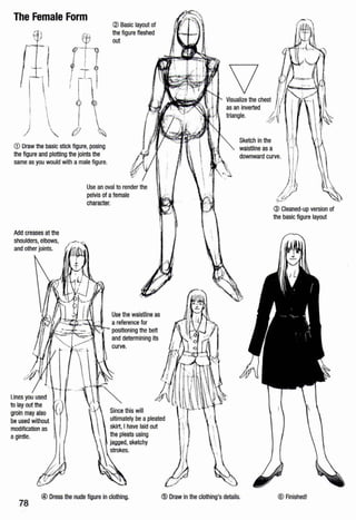 The Female Form
')
f -i
1
1'
, I 
i
)
I
I
I


""'<D Draw the basic stick figure, posing
the figure and plotting the joints the
same asyou would with amale figure.
@ Basic layout of
the figure fleshed
out
Use an oval to render the
pelvis of afemale
character.
Add creases at the
Lines you used
to lay out the
groin may also
be used without
modification as
a girdle.
Usethe waistline as
a referencefor
positioning the belt
and determining its
78
@ Dress the nude figure in clothing.
v ~
'
~/ '_/
Sketch inthe
waistline as a
downward curve.
.~$
@ Cleaned-up version of
the basic figure layout
@·Draw in the clothing's details. ® Finished!
 