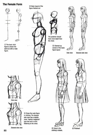 The Female Form
CD The basic stick
figure is drawn the
same as with a male
figure.
Side view
Skewed side view
80
@ Basic layout of the
figure fleshed out
® Dress the nude figure
in clothing. The skewed
side view has a slightly
more "fashion magazine"
type feel and is more
flattering to the chest.
The posterior should
have more depth than
the chest.
® Cleaned-up
version of the basic
figure layout
@ Draw In the
clothing's details.
Side view Skewed side view
® Anished!
 