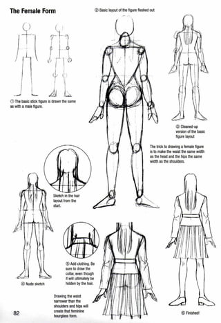 The Female Form
CDThe basic stick figure is drawn the same
as with a male figure.
--.
@ Nudesketch
82
Sketch in the hair
layout from the
start.
@ Add clothing. Be
sureto draw the
collar, even though
it will ultimately be
hidden by the hair.
Drawing the waist
narrower than the
shoulders and hips will
create that feminine
hourglass form.
® Basic layout of the figure fleshed out
.- ...
® Cleaned-up
version of the basic
figure layout
The trick to drawing afemale figure
is to make the waist the same width
as the head and the hips the same
width as the shoulders.
® Rnished!
 