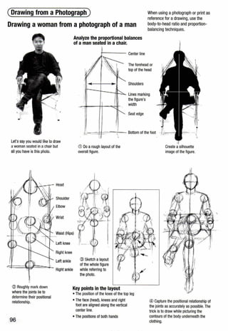 (Drawing from a Photograph)
Drawing a woman from a photograph of a man
When using a photograph or print as
reference for a drawing, use the
body-to-head ratio and proportion-
balancing techniques.
Analyze the proportional balances
of a man seated in a chair.
I1.: ---
r'~---- Center line
'I
The forehead or
top of the head
Shoulders
Lines marking
the figure's
width
Seat edge
Bottom of the foot
Let's say you would like to draw
awoman seated in a chair but
all you have is this photo.
G) Do a rough layout of the
overall figure.
Create asilhouette
image of the figure.
@ Roughly mark down
where the joints lie to
determine their positional
relationship.
96
Head
Shoulder
Elbow
Wrist
Waist (Hips)
Lett knee
Right knee
Lett ankle
Right ankle
® Sketch a layout
of the whole figure
while referring to
the photo.
Key points in the layout
• The position of the knee of the top leg
• The face (head), knees and right
foot are aligned along the vertical
center line.
• The positions of both hands
@ Capture the positional relationship of
the joints as accurately as possible.The
trick is to draw while picturing the
contours of the body underneath the
clothing.
 