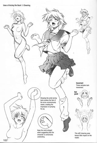 Uses of Arcing the Back 1:Cheering
10~
Showing the wrist arcing
back evokes the feel of
the arms unconsciously
raised, creating the
impression of jumping
for joy.
Keep the wrist straight
when suggesting that the
character is consciously
celebrating.
Incorrect
These samples lack
movement.
Not
good
This stiff cheering pose
leaves little impact on the
reader.
 