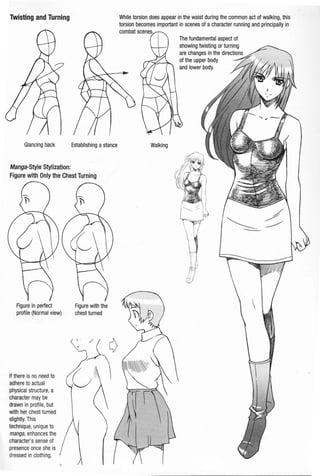 Twisting and Turning
Glancing back Establishing astance
Manga-Style Stylization:
Figure with Only the Chest Turning
Figure in perfect
profile (Normal view)
If there is no need to
adhere to actual
physical structure, a
character may be
drawn in profile, but
with her chest turned
slightly.This
technique, unique to
rnanga,enhancesthe
character's sense of
presence once she is
dressed in clothing.
Figure with the
chest turned
While torsion does appear in the waist during the common act of walking, this
torsion becomes important in scenes of a character running and principally in
combat scenes
Walking
The fundamental aspect of
showing twisting or turning
are changes in the directions
of the upper body
and lower body.
 