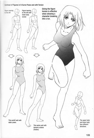 ~ _ast of Figures in S-Curve Poses and with Torsion
This works well with
static poses.
Giving the figure
torsion is effective
when showing a
character breaking
into a run.
This works well with
dynamic actions
(motion).
The upper body
and lower body
face different
directions.
109
 