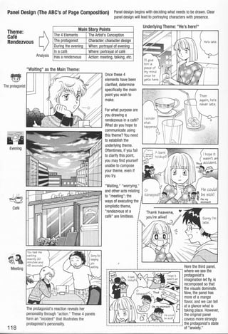 Panel Design {The ABC's of Page Composition) Panel design begins with deciding what needs to be drawn. Clear
panel design will lead to portraying characters with presence.
Theme: ¢Cafe
Main Story Points
The 4 Elements
Rendezvous The protagonist
During the evening
Ina cafe
Analysis Has a rendezvous
"Waiting" as the Main Theme:
~
The protagonist
Cafe
The Artist's Conception
Character: character design
When: portrayal of evening
Where: portrayal of cafe
Action: meeting,talking, etc.
Once these 4
elements have been
clarified, determine
specifically the main
point you wish to
make.
For what purpose are
you drawing a
rendezvous in a cafe?
What do you hope to
communicate using
this theme? You need
to establish the
underlying theme.
Oftentimes, if you fail
to clarify this point,
you may find yourself
unable to compose
your theme, even if
you try.
"Waiting," "worrying,"
and other acts relating
to "meeting": the
ways of executing the
simplistic theme,
"rendezvous at a
cafe" are limitless.
~
He's late.
0
Meeting
Here the third panel,
------------------l---------------------------· where we see the
118
The protagonist's reaction reveals her
personality through "action." These 4 panels
form an "incident" that illustrates the
protagonist's personality.
protagonist's
imagination let fly, is
recomposed so that
the visuals dominate.
Now, the panel has
more of a manga
flavor, and we can tell
at a glance what is
taking place. However,
o the original panel
0 coveys more strongly
the protagonist's state
----------------------------------------------• of "anxiety."
 