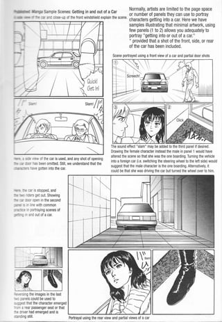 . . Normally, artists are limited to the page space
pte Scenes: Gettmg mand out of aCar or number of panels they can use to portray
close-up of the front windshield explain the scene. characters getting into a car. Here we have
- - .:. -:"' ,"ew of the car is used, and any shot of opening
-- _, as been omitted. Still, we understand that the
:: :-:: c:ar is stopped, and
-"' - _-jers get out. Showing
-"' :3:" :oor open inthe second
- "' - linewith common
~ - portraying scenes of
-= - and out of acar.
--·~ ingthe images in the last
- '= oanels could be used to
;gest that the character emerged
-::- a rear passenger seat or that
:-: river had emerged and is
samples illustrating that minimal artwork, using
few panels (1 to 2) allows you adequately to
portray "getting into or out of a car."
" provided that ashot of the front, side, or rear
of the car has been included.
The sound effect "slam" may be added to the third panel if desired.
Drawing the female character instead the male in panel 1 would have
altered the scene so that she was the one boarding.Turning the vehicle
into aforeign car (i.e.switching the steering wheel to the left side) would
suggest that the male character is the one boarding. Alternatively, it
could be that she was driving the car but turned the wheel over to him.
:"'"" ding still. Portrayal using the rear view and partial views of a car
 