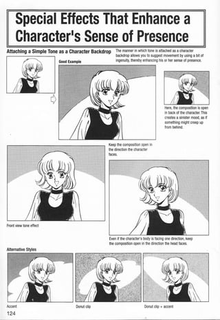 Special Effects That Enhance a
Character•s Sense of Presence
Attaching a Simple Tone as a Character Backdrop The manner in which tone is attached as a character
backdrop allows you to suggest movement by using a bit of
ingenuity, thereby enhancing his or her sense of presence.
Alternative Styles
Accent Donut clip
124
Keep the composition open in
the direction the character
faces.
Here, the composition is open
in back of the character.This
creates a sinister mood,as if
something might creep up
from behind.
Even if the character's body is facing one direction, keep
the composition open in the direction the head faces.
Donut clip + accent
 