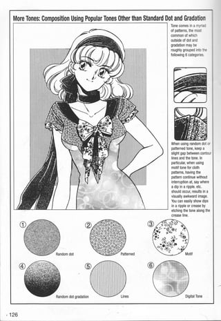 More Tones: Composition Using Popular Tones Other than Standard Dot and Gradation
@
Random dot gradation Lines
Tone comes in a myriz:
of patterns,the most
common of which
outside of dot and
gradation may be
roughly grouped into ~
following 6 categories.
When using random dot or
patterned tone, keep a
slight gap between contour
lines and the tone. In
particular, when using
motif tone for cloth
patterns, having the
pattern continue without
interruption at, say where
a dip in a ripple. etc.
should occur, results in a
visually awkward image.
You can easily show dips
in a ripple or crease by
etching the tone along the
crease line.
 