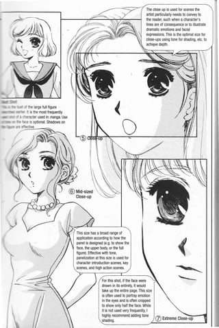 The close up is used for scenes the
artist particularly needs to convey to
the reader, such when acharacter's
lines are of consequence or to illustrate
dramatic emotions and facial
expressions. This isthe optimal size for
close-ups using tone for shading, etc.to
achitive depth.
This size has a broad range of
application according to how the
panel is designed (e.g. to show the
face, the upper body, or the full
figure). Effective with tone,
panelization at this size is used for
character introduction scenes, key
scenes, and high action scenes.
For this shot, if the face were
drawn in its entirety, it would
take up the entire page.This size
is often used to portray emotion
in the ~yes and is often cropped
to show only half the face. While
it is not used very frequently, I
highly recommend adding tone
~
~.
 