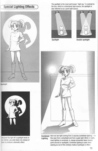 - ocial Lighting Effects )
e light off a spotlight tends to
-=-- .use solid black ink instead of
The spotlight is the most well known "light ray." In contrast to
the Sun,which is a directional light source, the spotlight is
also referred to as a point light source.
r-~~~--~~-,
Spotlight Double spotlight
Combined Here we see light coming from 2 sources (combined lighting) -in
Lighting this case from astreetlight and from a gate light. While in reality,
most lighting is combined, in manga convention leans toward
point sources or spotlights. Combined lighting is used when
seeking an out-of-the-ordinary mode of portrayal or effect.
15
 
