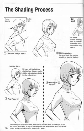 The Shading Process
Penned
drawing
Direction
of light
..·
CD Determine the light source.
Spotting Blacks
Fill in any solid blacks before
attaching tone. Standard practice
dictates adding blacks under the
jaw line and underarm.
Not
good
The plotted
shadows will simply
serve as guidelines
for where to attach
tone, so avoid filling
them in.
@ Plot the shadows.
Use a non-photo blue or yellow
· pencil to jot down the shadows.
Lead markings of non-photo blue and yellow pencils disappear when the drawing is put into
print form or photocopied, so they are frequently used tools. Amechanical pencil may be used
18 instead, provided that the lead color is light blue or yellow.
 