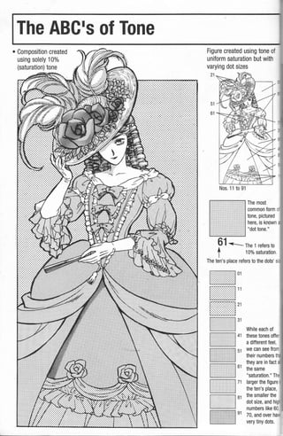 IThe ABC•s of Tone
• Composition created
using solely 10%
(saturation) tone
Figure created using tone of
uniform saturation but with
varying dot sizes
21
51
61
Nos. 11 to 91
RF'TIIT'TIIT'TIIT5l The most
L/ < ? )/ I common form
~····················································· Itone, pictured
I / ? ? ?/ I here, is known
1> < i i? I "dottone."
61 ~ The 1 refers to
t 10% saturation.
The ten's place refers to the dots' s·
While each of
these tones offe
a different feel,
51 we can see from
their numbers thE
~iillfim they are in fact a:
1/ 61 the same
1
>< i < 1 "saturation." Th
I~~~ 71 larger the figure
the ten's place,
81 the smaller the
dot size, and hig-
numbers like 60.
91 70, and over hal
very tiny dots.
 