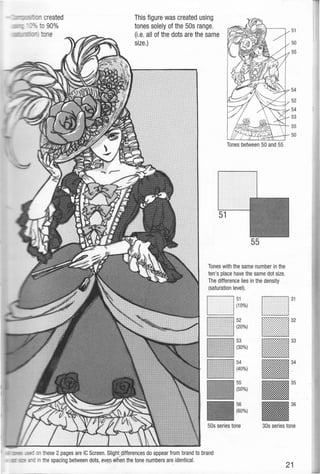 ._.~_ - created
0 90%
- one
This figure was created using
tones solely of the 50s range.
(i.e. all of the dots are the same
size.)
Tones between 50 and 55
55
Tones with the same number in the
ten's place have the same dot size.
The difference lies in the density
(saturation level).
51
(10%)
52
(20%)
53
(30%)
54
(50%)
56
(60%)
51
50
55
54
52
54
53
55
50
50s series tone 30s series tone
-.: on these 2 pages are IC Screen. Slight differences do appear from brand to brand
- ~~ in the spacing between dots, evE~!Y~n the tone numbers are identical.
21
 