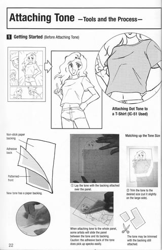 Attaching Tone -Tools and the Process-
D Getting Started (Before Attaching Tone)
Non-stick paper
backing
Adhesive
back
Patterned--+-+:::::::::::::::::::::::::::::,
front
22
Attaching Dot Tone to
aT-Shirt (IC-51 Used)
CD Lay the tone with the backing attached
over the panel.
When attaching tone to the whole panel,
some artists will slide the panel
between the tone and its backing.
Caution: the adhesive back of the tone
does pick up specks easily.
Matching up the Tone Size
CV Trim the tone to the
desired size (cut it slightly
on the large-side).
The tone may be trimmed
with the backing still
attached.
 