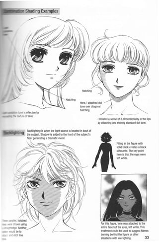 ading Examples
Here, I attached dot
tone over diagonal
hatching.
Backlighting is when the light source is located in back of
the subject. Shadow is added to the front of the subject's
generating a dramatic mood.
I created asense of 3-dimensionality in the lips
by attaching and etching standard dot tone.
Filling in the figure with
solid black creates a black
silhouette. The key point
here is that the eyes were
left white.
For this figure, tone was attached to the
entire face but the eyes, left white. This
treatment could be used to suggest flames
burning behind the figure or other
situations with low lighting. 33
 